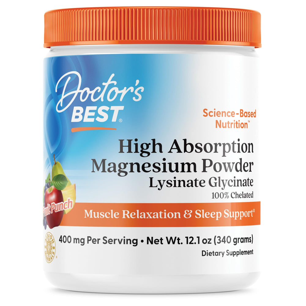 Doctor's Best high-absorption magnesium powder bottle supports muscle relaxation and sleep.