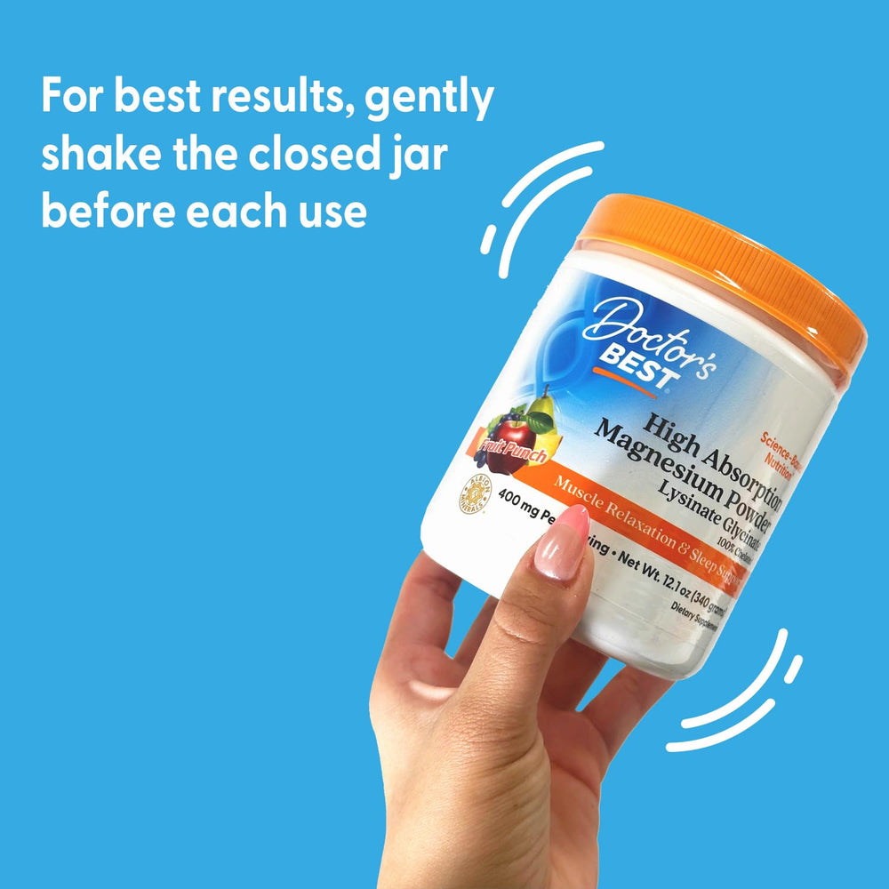 Doctor's Best high-absorption magnesium powder label explains nutrients and usage.