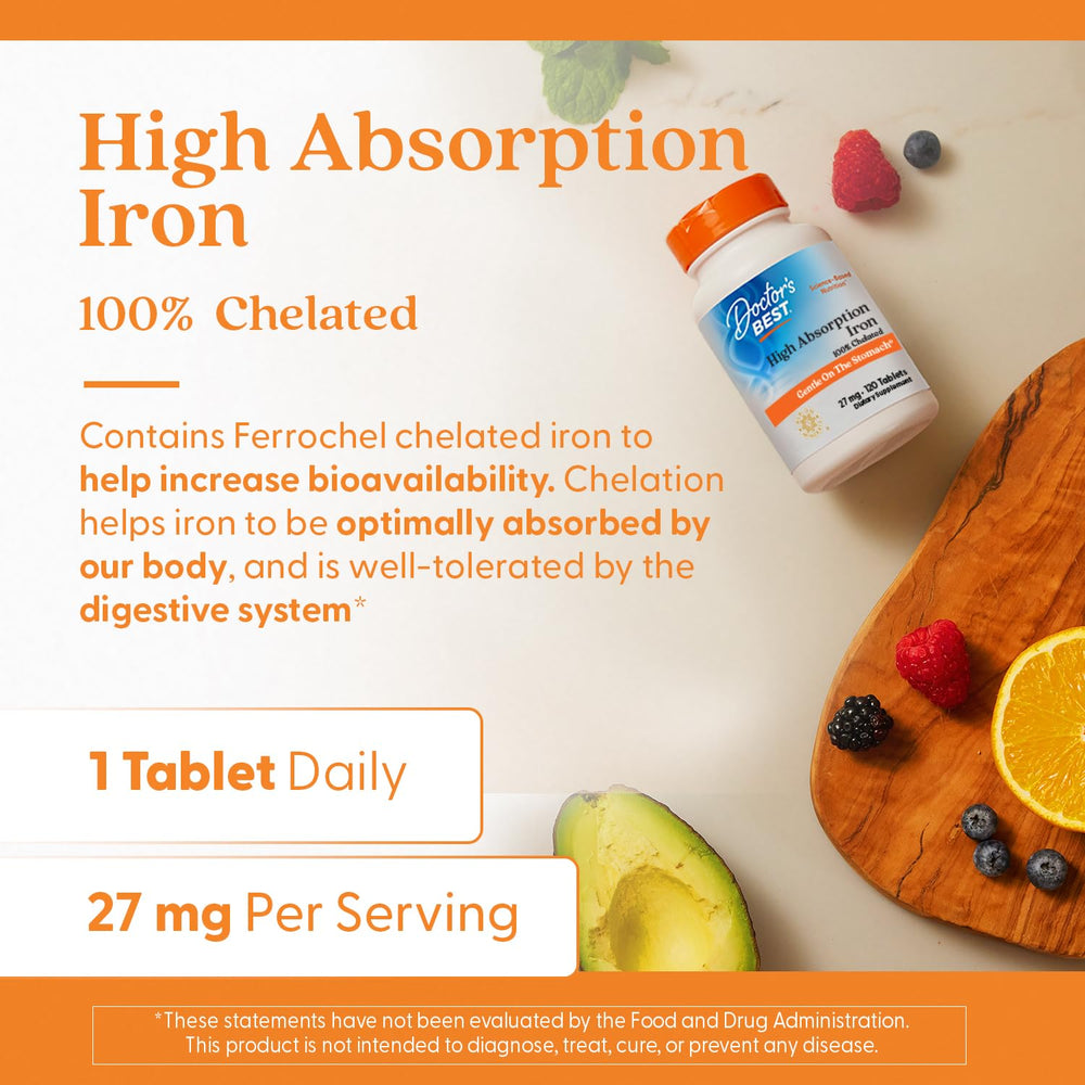 Doctors Best Iron tablet in a glass of water suggests simple ingestion.