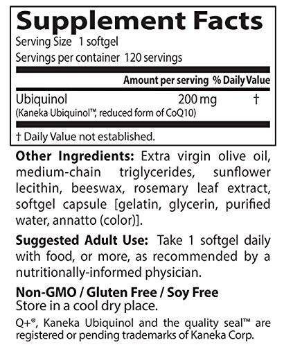 Bottle displaying gluten-free and soy-free labels for Doctors Best Kaneka Ubiquinol.