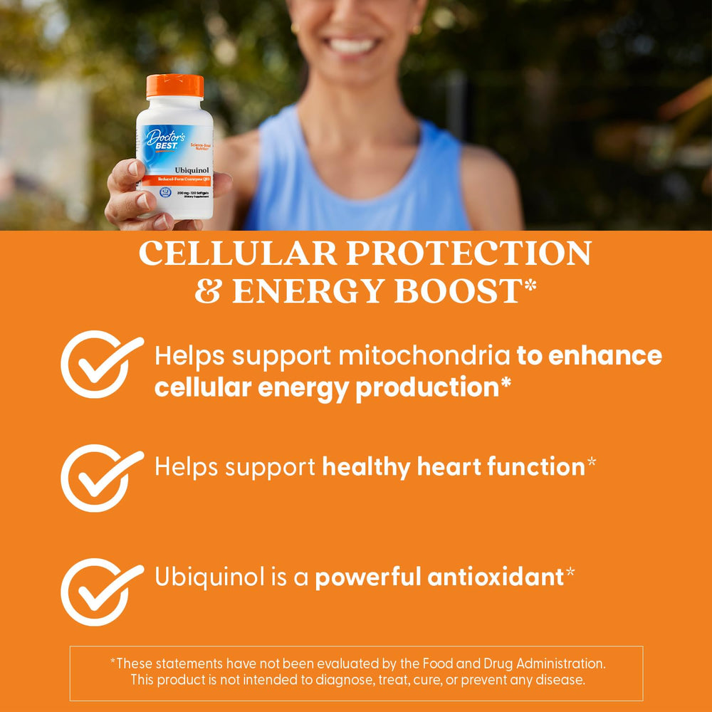 Packaging with non-GMO, gluten-free, and soy-free icons for Doctors Best Kaneka Ubiquinol.
