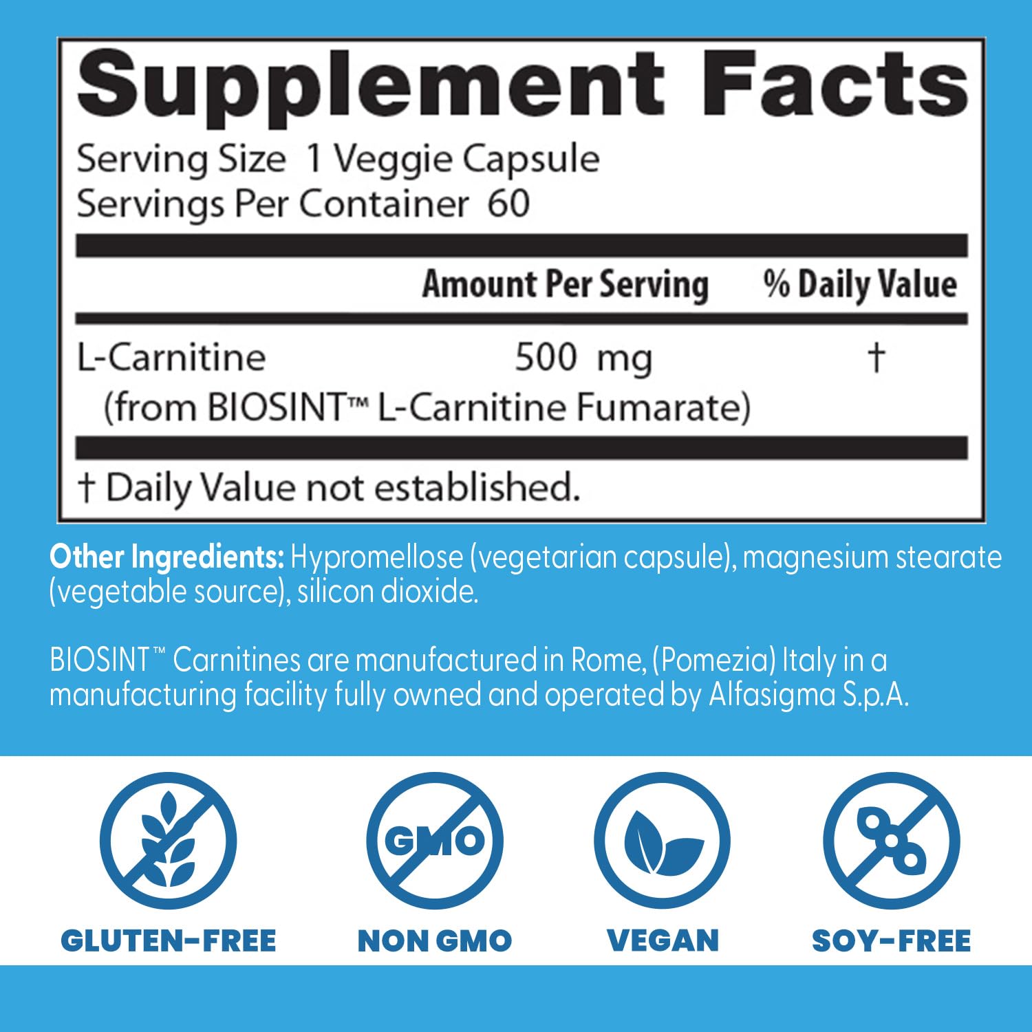 Doctor's Best L-Carnitine Fumarate label close-up highlights purity.