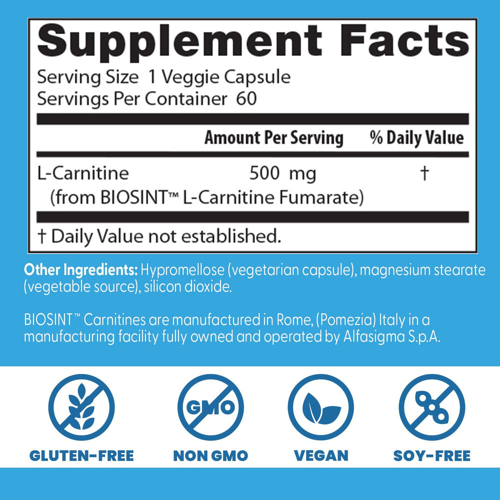 Doctor's Best L-Carnitine Fumarate label close-up highlights purity.