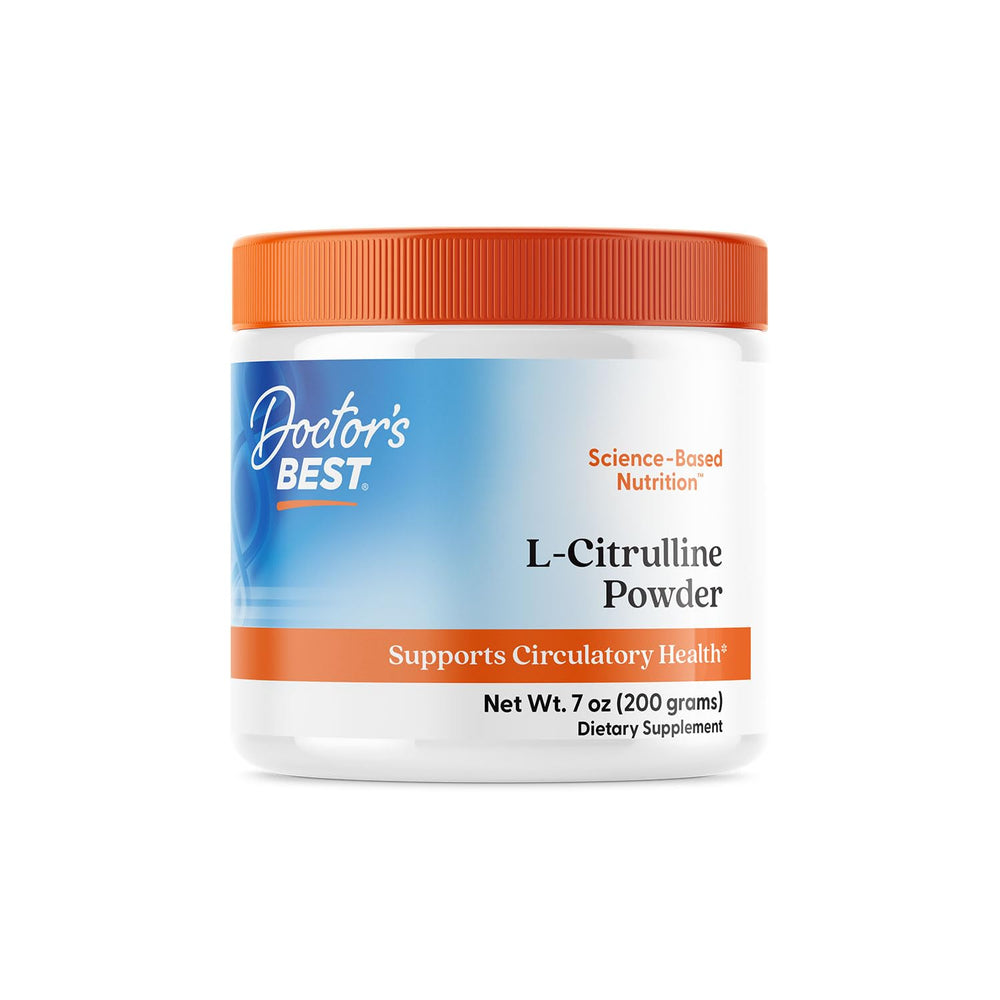 Doctor's Best L-Citrulline powder bottle highlighting Kyowa quality and vascular support.