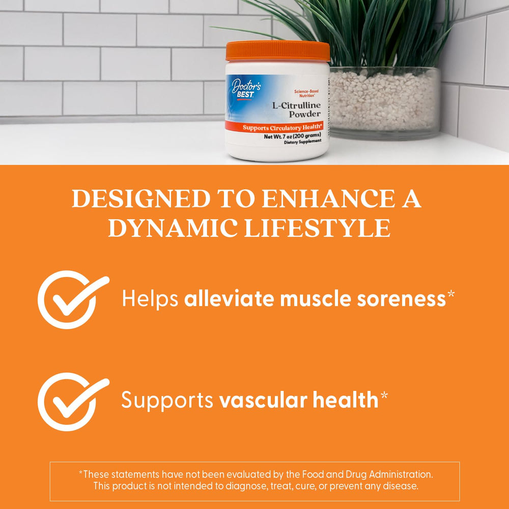 Doctor's Best L-Citrulline powder packaging on shelf signaling purity and brand integrity.