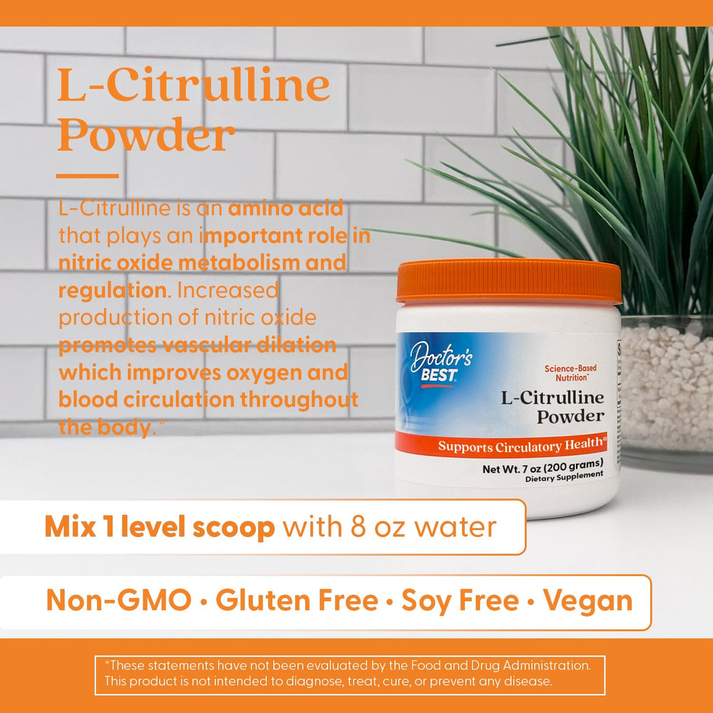 Doctor's Best L-Citrulline powder pouring into a beverage for convenient workouts.