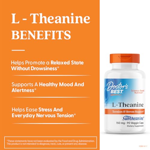 Doctor's Best L-Theanine Suntheanine capsules show 150 mg for steady alertness.