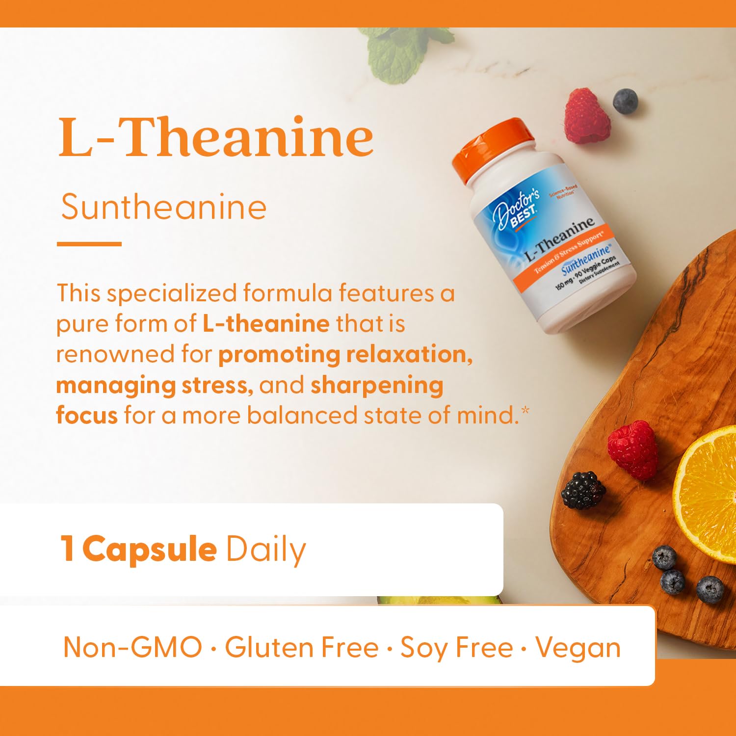 Doctor's Best L-Theanine Suntheanine packaging highlights vegan, non-GMO, gluten-free qualities.