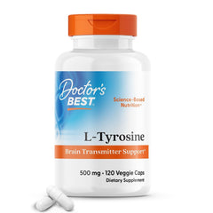 Doctor's Best L-Tyrosine 500 mg bottle closeup for brain support.