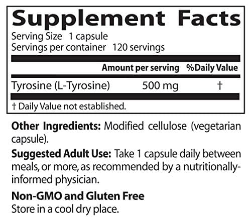 Doctor's Best L-Tyrosine bottle beside glass of water for daily routine.