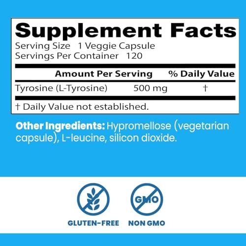 Doctor's Best L-Tyrosine packaging highlights non-GMO and gluten-free formula.