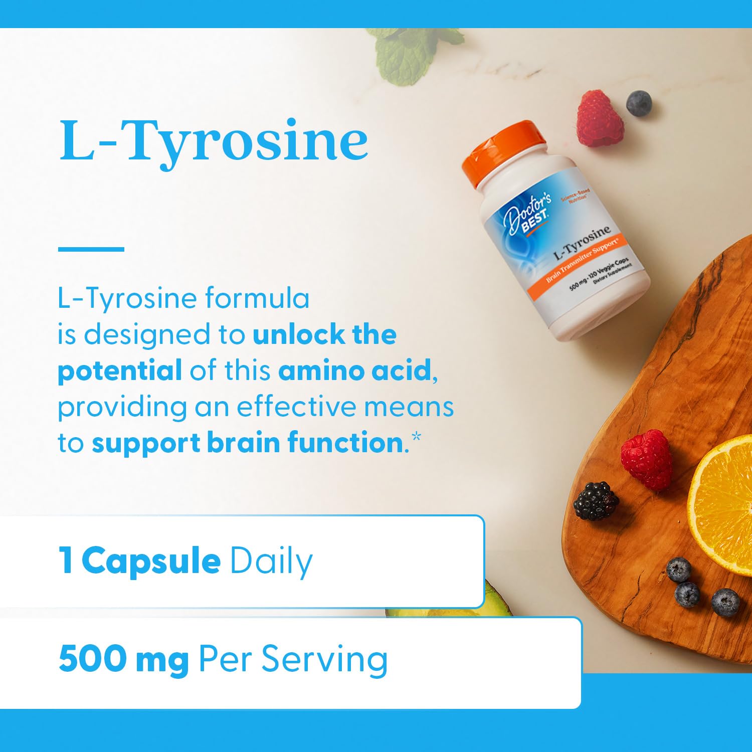 Doctor's Best L-Tyrosine veggie caps arranged for easy swallowing.