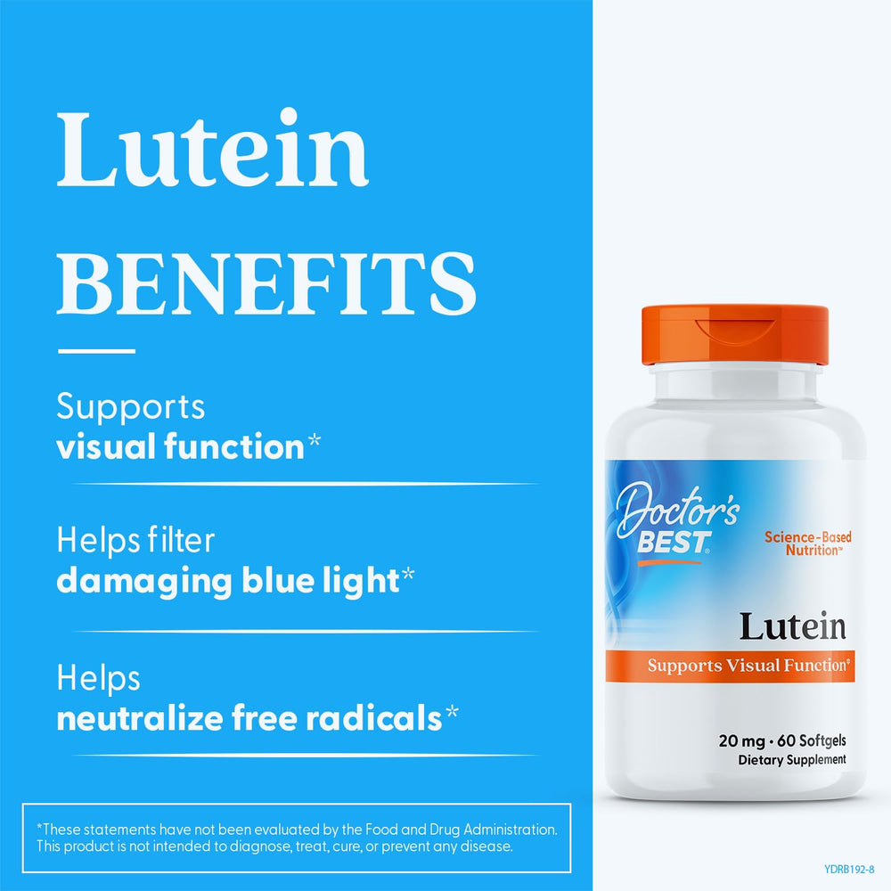 Doctor's Best Lutein bottle with glass representing visual wellness