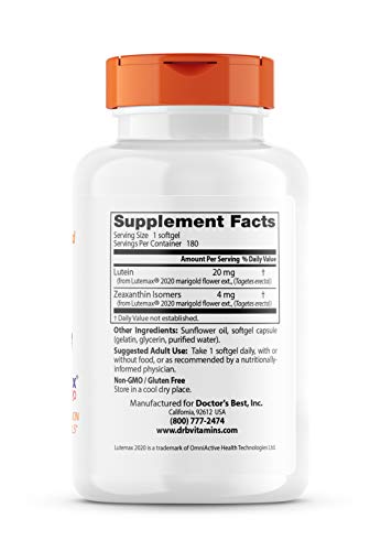 Doctor's Best Lutein label closeup emphasizes Lutemax 2020 and 20 mg