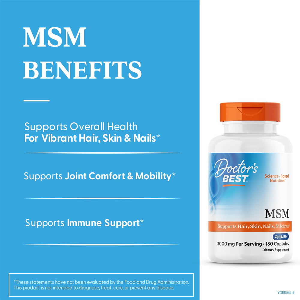 Front view of Doctors Best MSM bottle emphasizing non-GMO and gluten-free formula