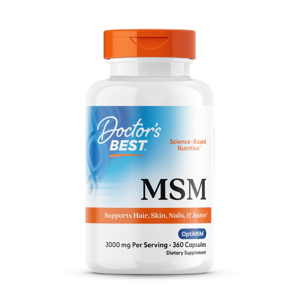 Doctor's Best MSM bottle front showing OptiMSM for potential joint support