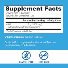 Doctor's Best MSM bottle label close-up highlighting non-GMO and gluten-free