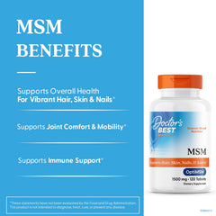Doctor's Best MSM bottle label closeup emphasizing keratin support for hair and skin