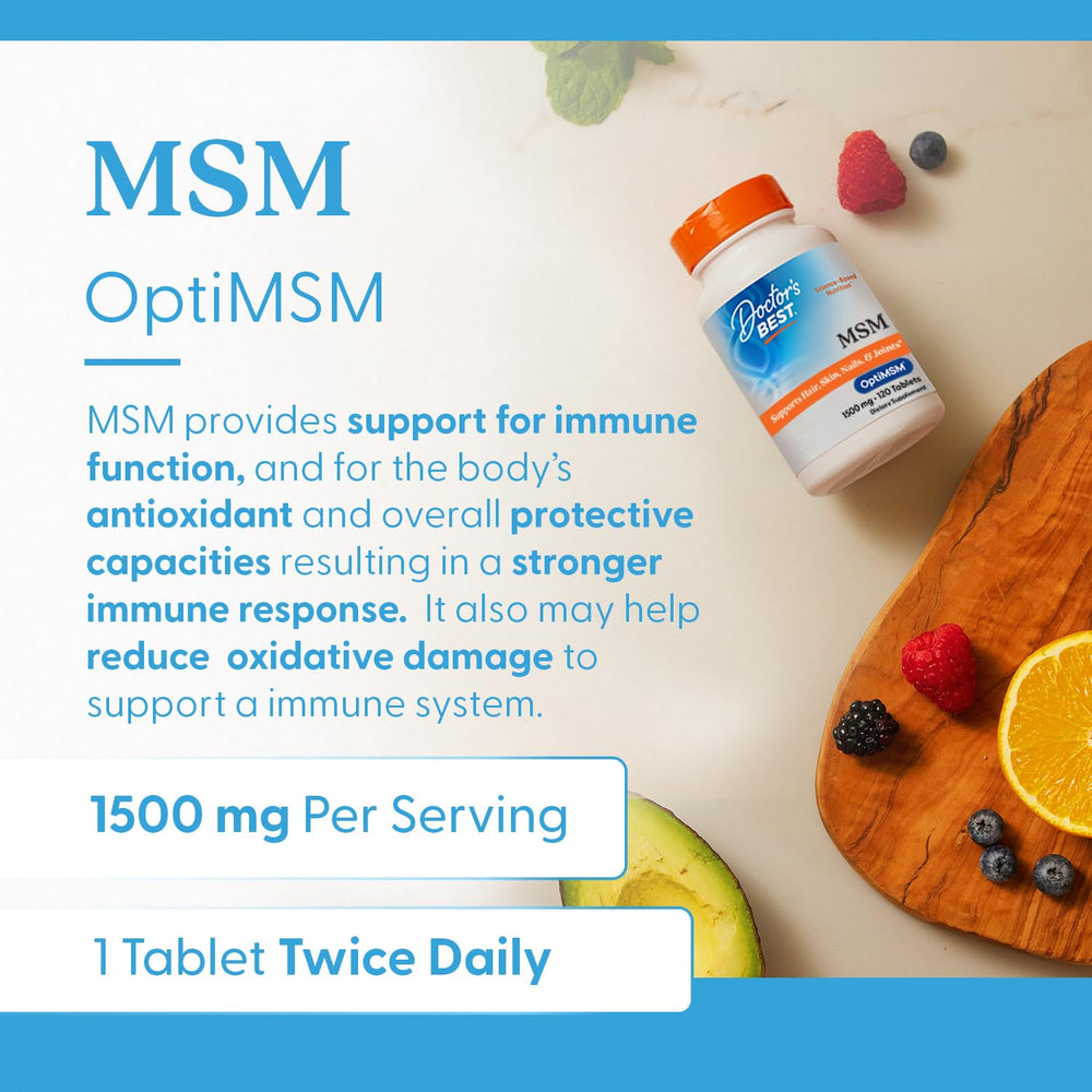 Doctor's Best MSM bottle with leaf imagery implying natural gluten-free formula