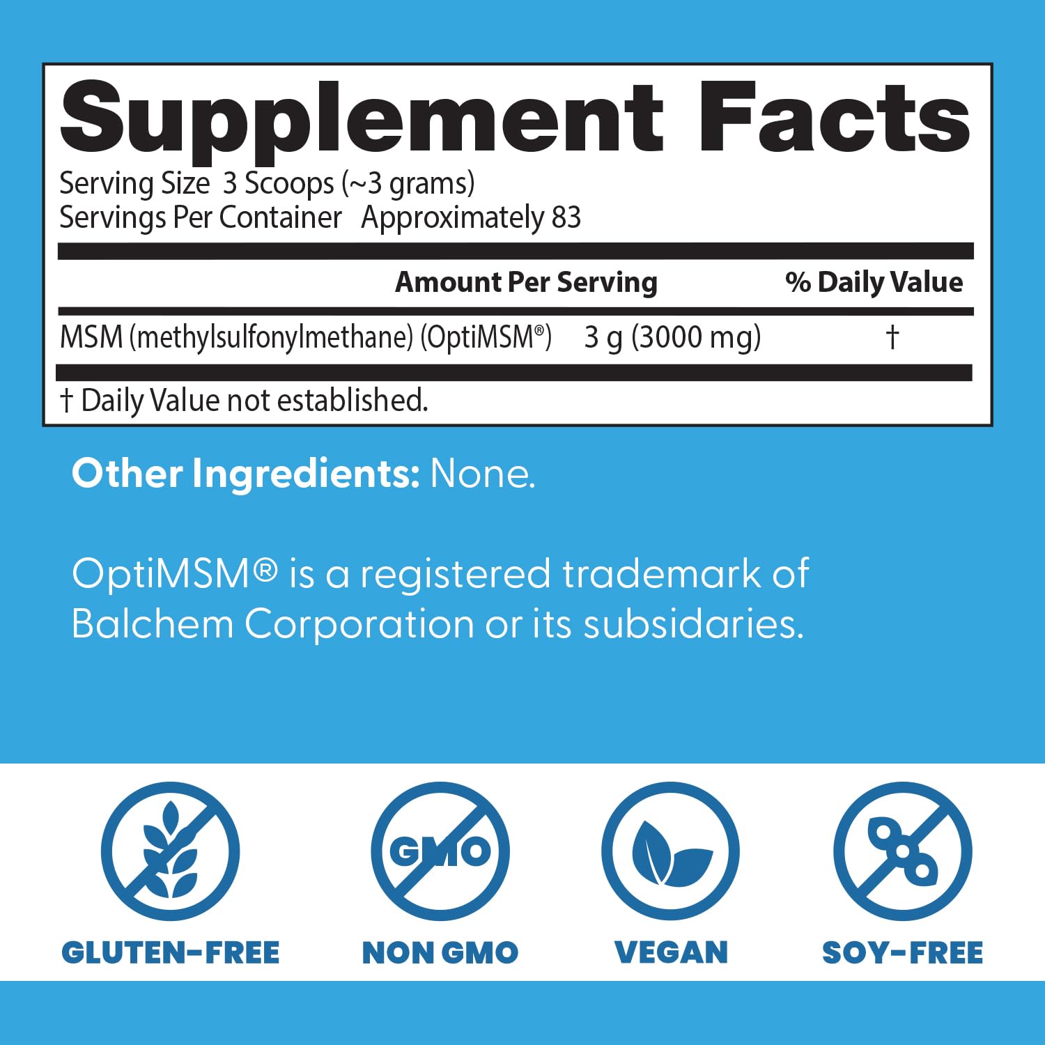 Close-up of Doctor's Best MSM label highlighting vegan and gluten-free features.