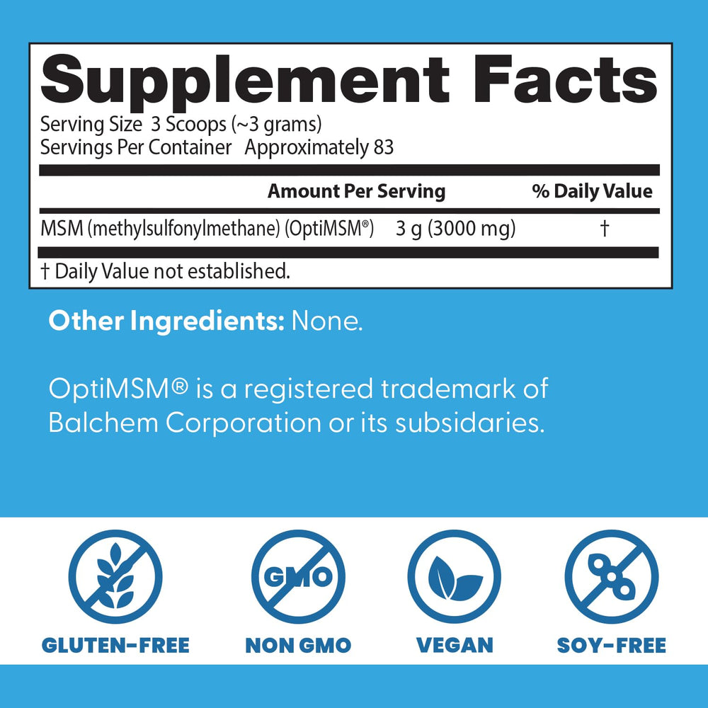 Close-up of Doctor's Best MSM label highlighting vegan and gluten-free features.