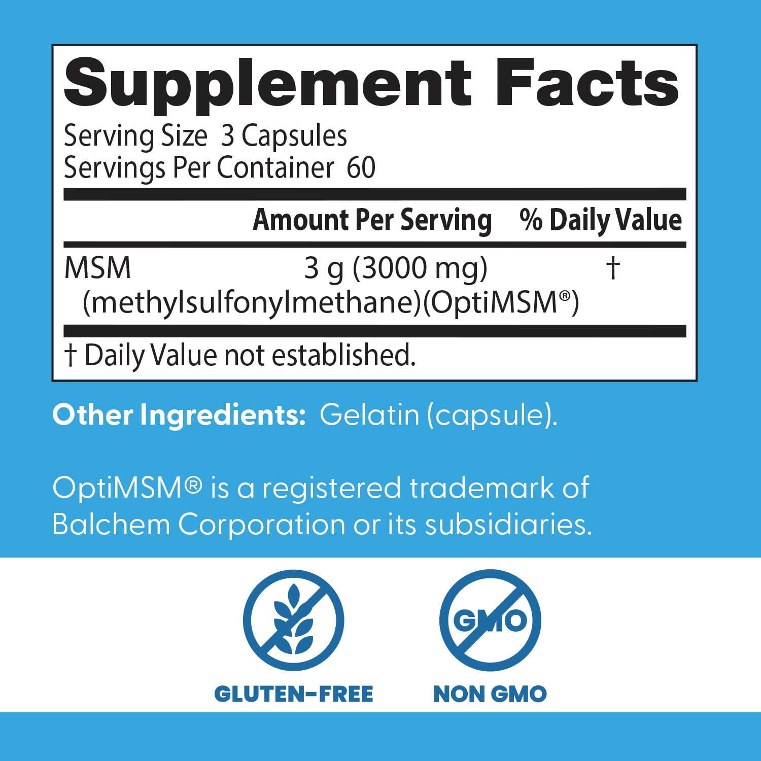 Label detail of Doctors Best MSM noting OptiMSM purity and joint support