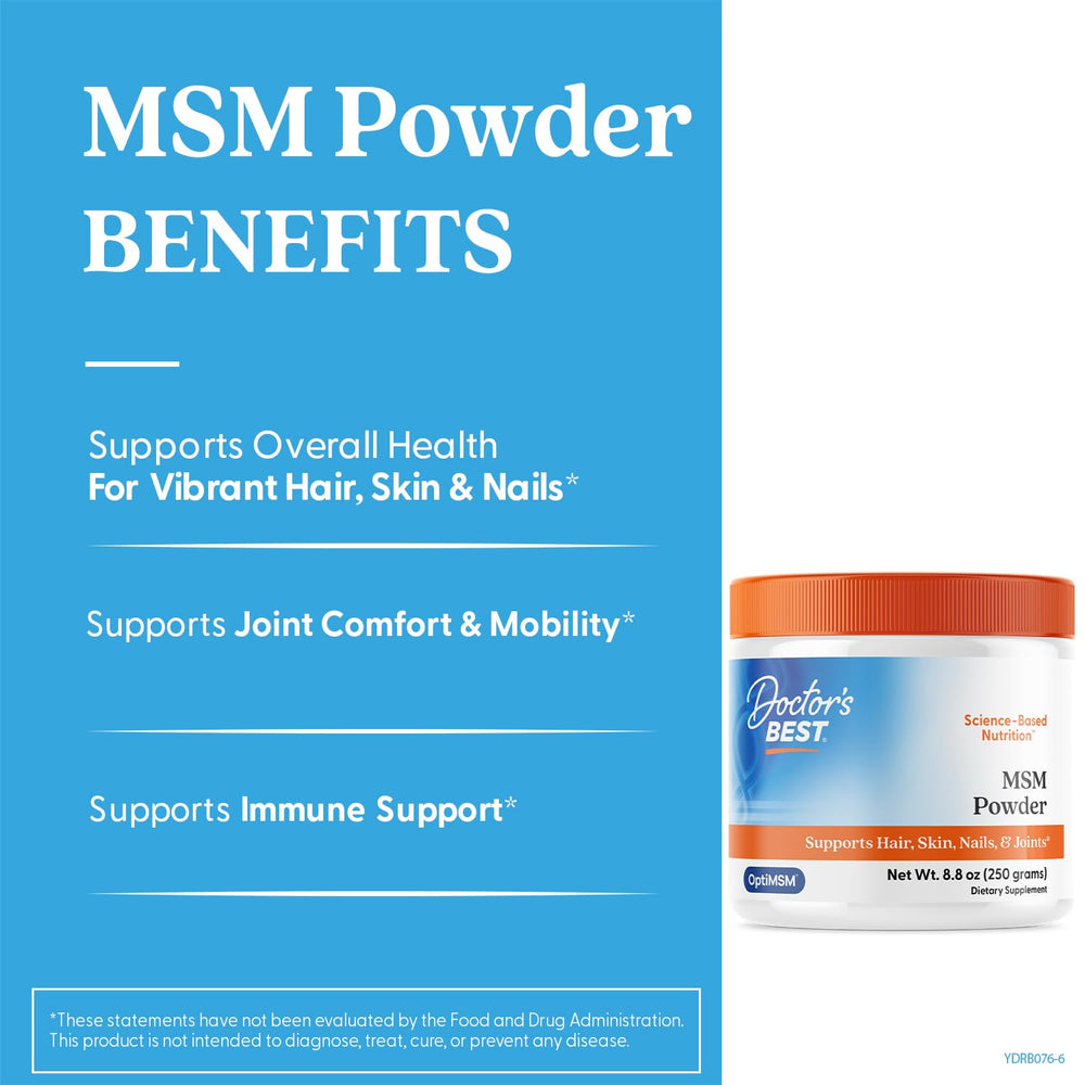 Scoop of Doctor's Best MSM powder suggesting convenient daily supplementation.