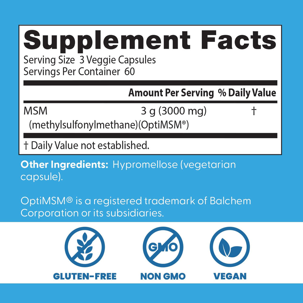 Doctor's Best MSM supplement bottle front emphasizes 3000 mg per serving.