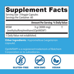 Doctor's Best MSM supplement bottle front emphasizes 3000 mg per serving.
