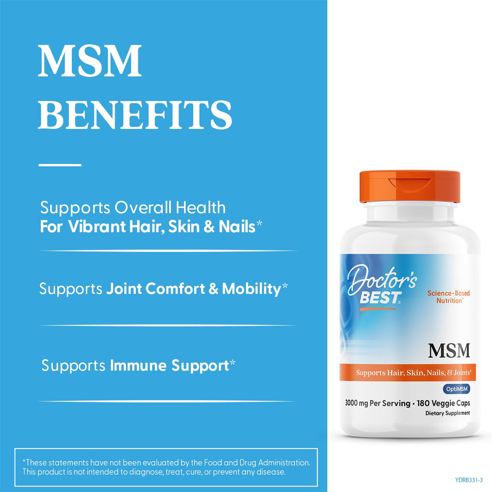 Doctor's Best MSM capsules closeup highlights OptiMSM purity for connective tissue support.