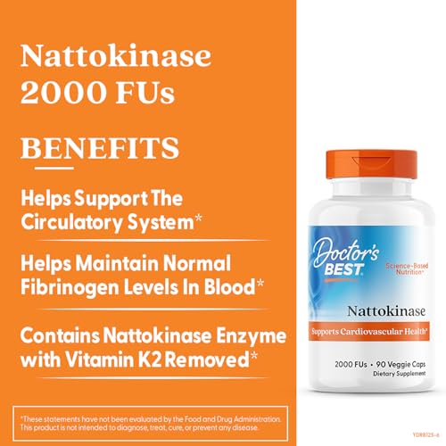 Doctor's BEST nattokinase bottle pour illustrating easy dosing at 2,000 FU per cap