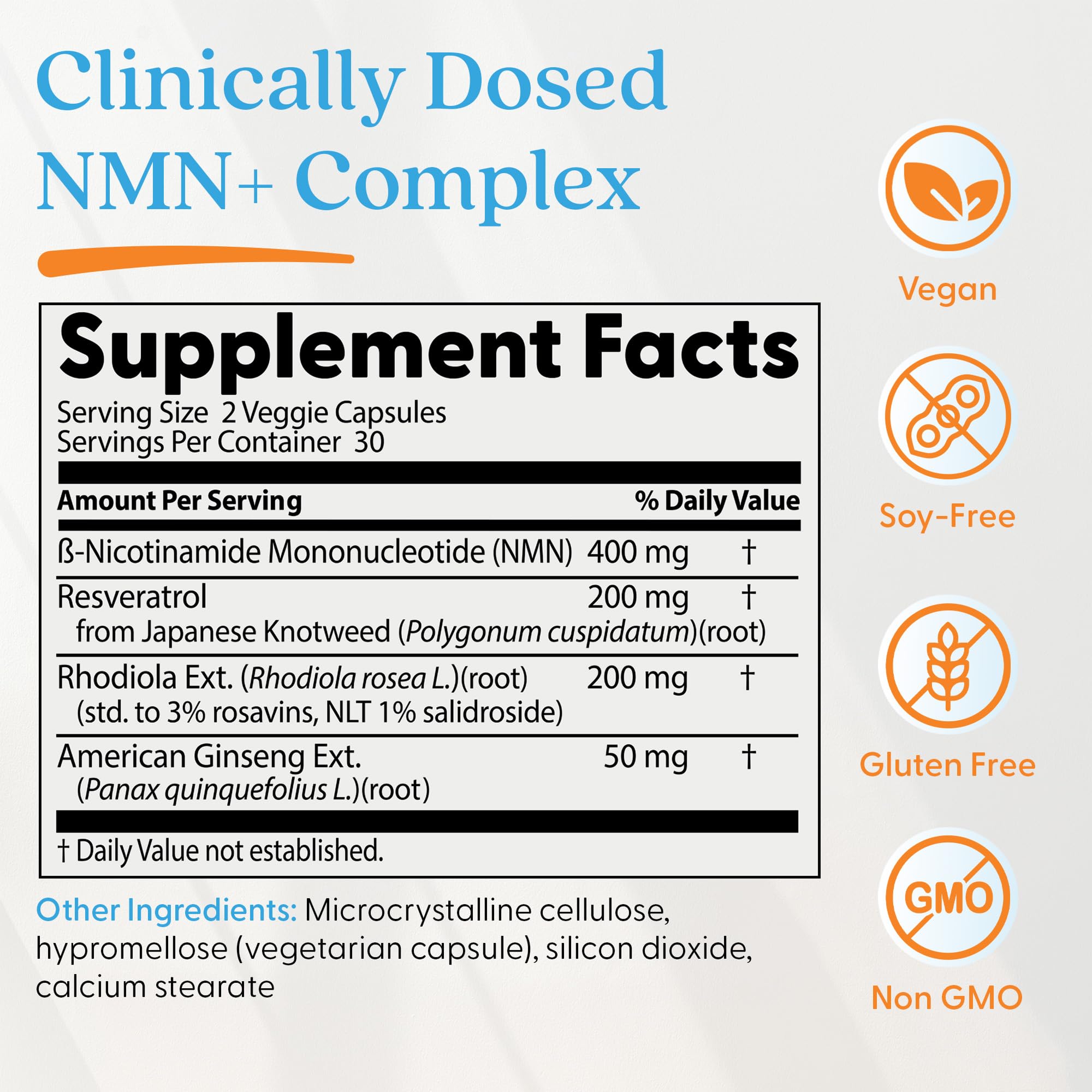 Doctor's Best NMN+ Complex capsules provide a convenient two-capsule serving for energy metabolism.
