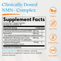 Doctor's Best NMN+ Complex capsules provide a convenient two-capsule serving for energy metabolism.