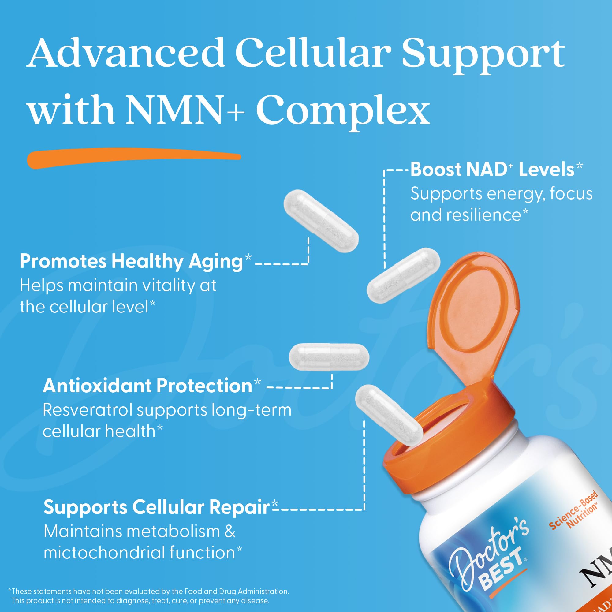 Doctor's Best NMN+ Complex label highlights NMN, resveratrol, and vegan formulation.