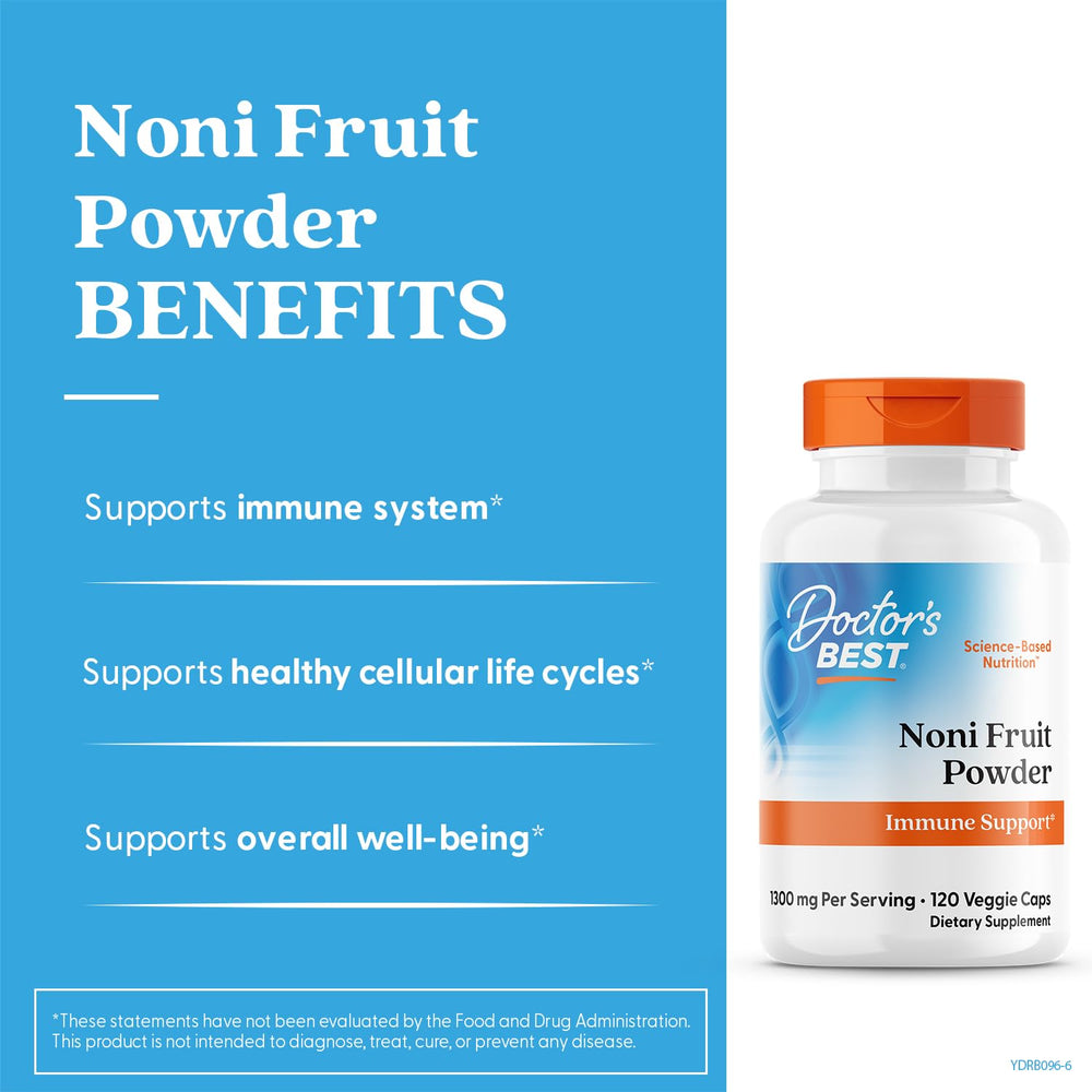 Doctor's Best Noni Concentrate capsules stacked for convenient, everyday antioxidant support
