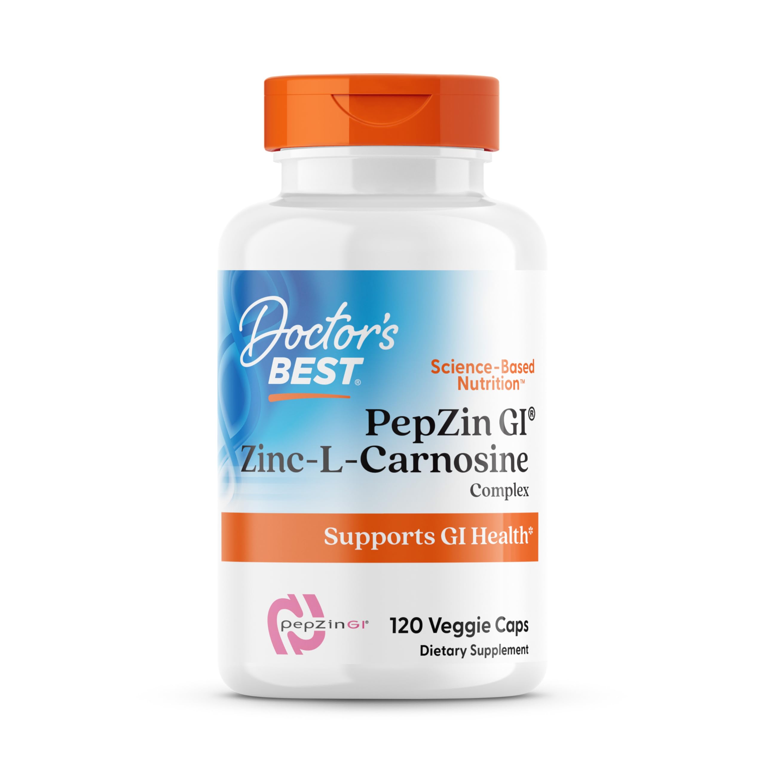 Doctor's Best PepZin GI bottle label highlighting digestive support.