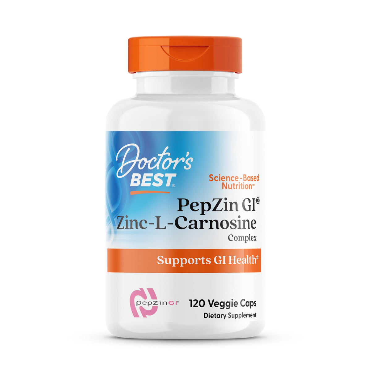 Doctor's Best PepZin GI bottle label highlighting digestive support.