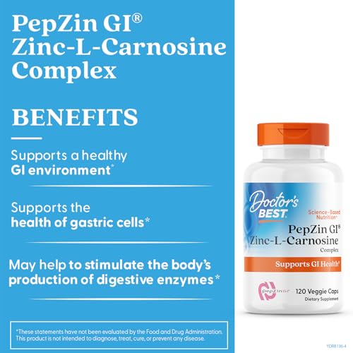 Doctor's Best PepZin GI packaging box shows non-GMO vegan gluten-free features.