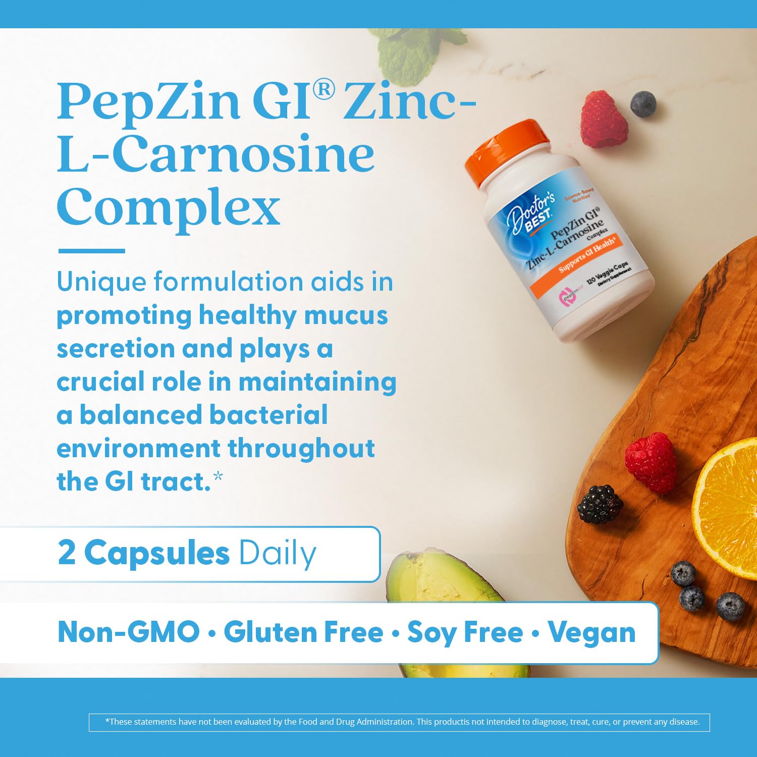 Doctor's Best PepZin GI icons indicate vegan, gluten-free, soy-free suitability.