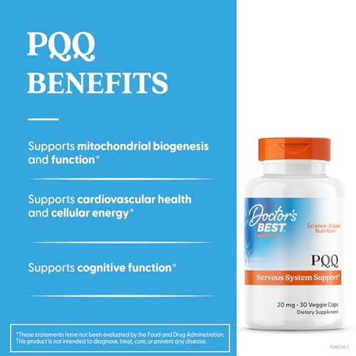 Close-up of Doctor's Best PQQ capsules highlighting BioPQQ for cellular energy.