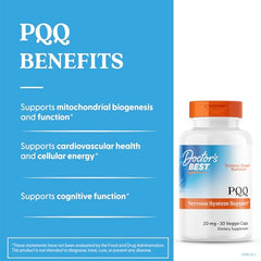 Close-up of Doctor's Best PQQ capsules highlighting BioPQQ for cellular energy.