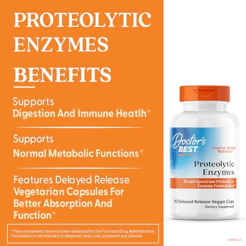 Doctor's Best proteolytic enzymes label detailing non-GMO and vegetarian formula