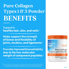 Doctor's Best Pure Collagen Types 1 & 3 label close-up highlighting hydrolyzed peptides.