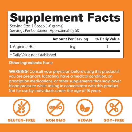 Close-up of Doctor's Best L-Arginine label, vegan and non-GMO.