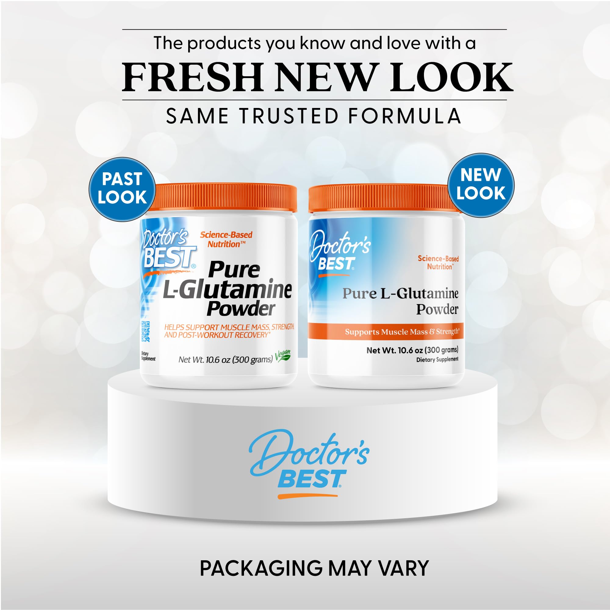 Ingredient label shows non-GMO and vegan features for Doctor's Best L-Glutamine.