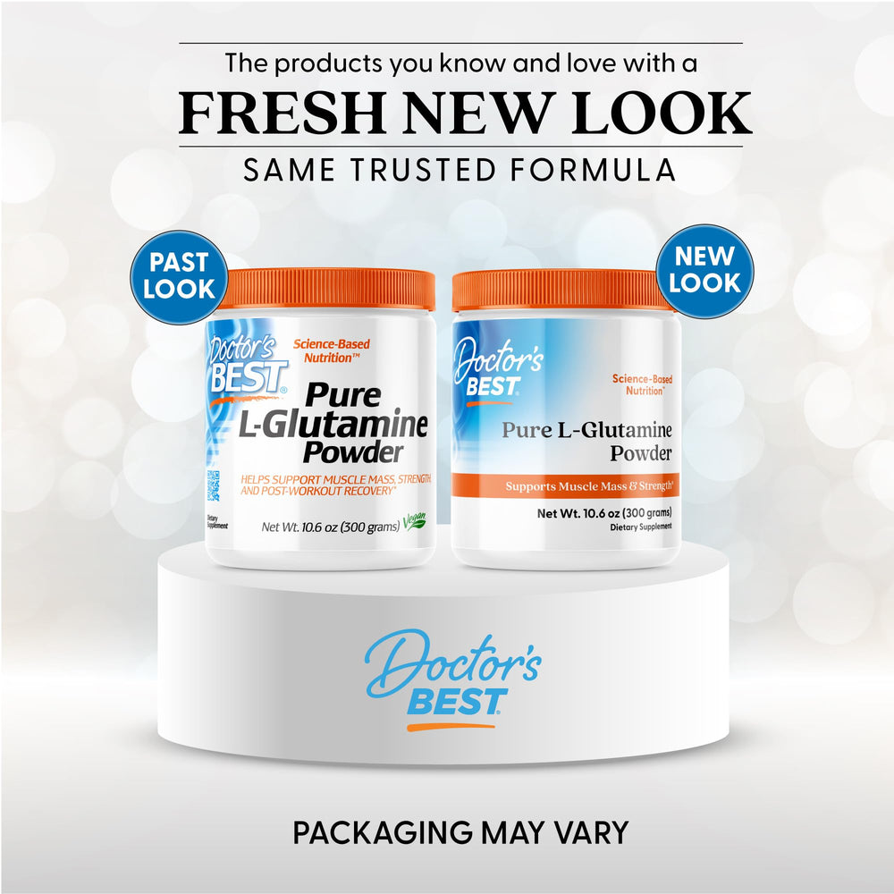 Ingredient label shows non-GMO and vegan features for Doctor's Best L-Glutamine.