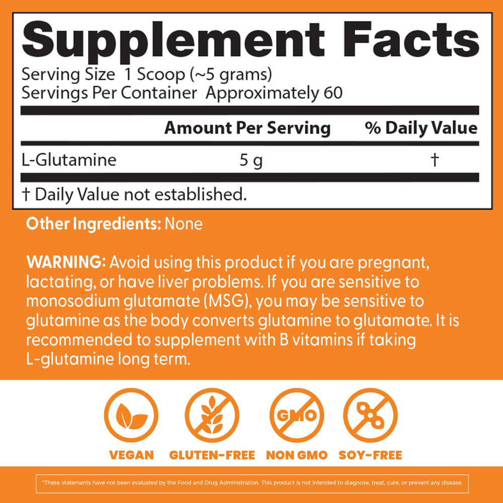 Packaging emphasizes gluten-free and soy-free formulation of Doctor's Best L-Glutamine powder.
