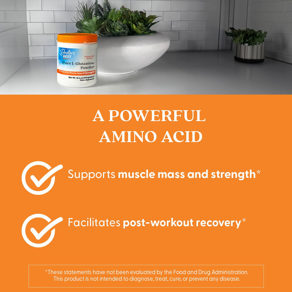 Front packaging of Doctor's Best L-Glutamine powder with branding.