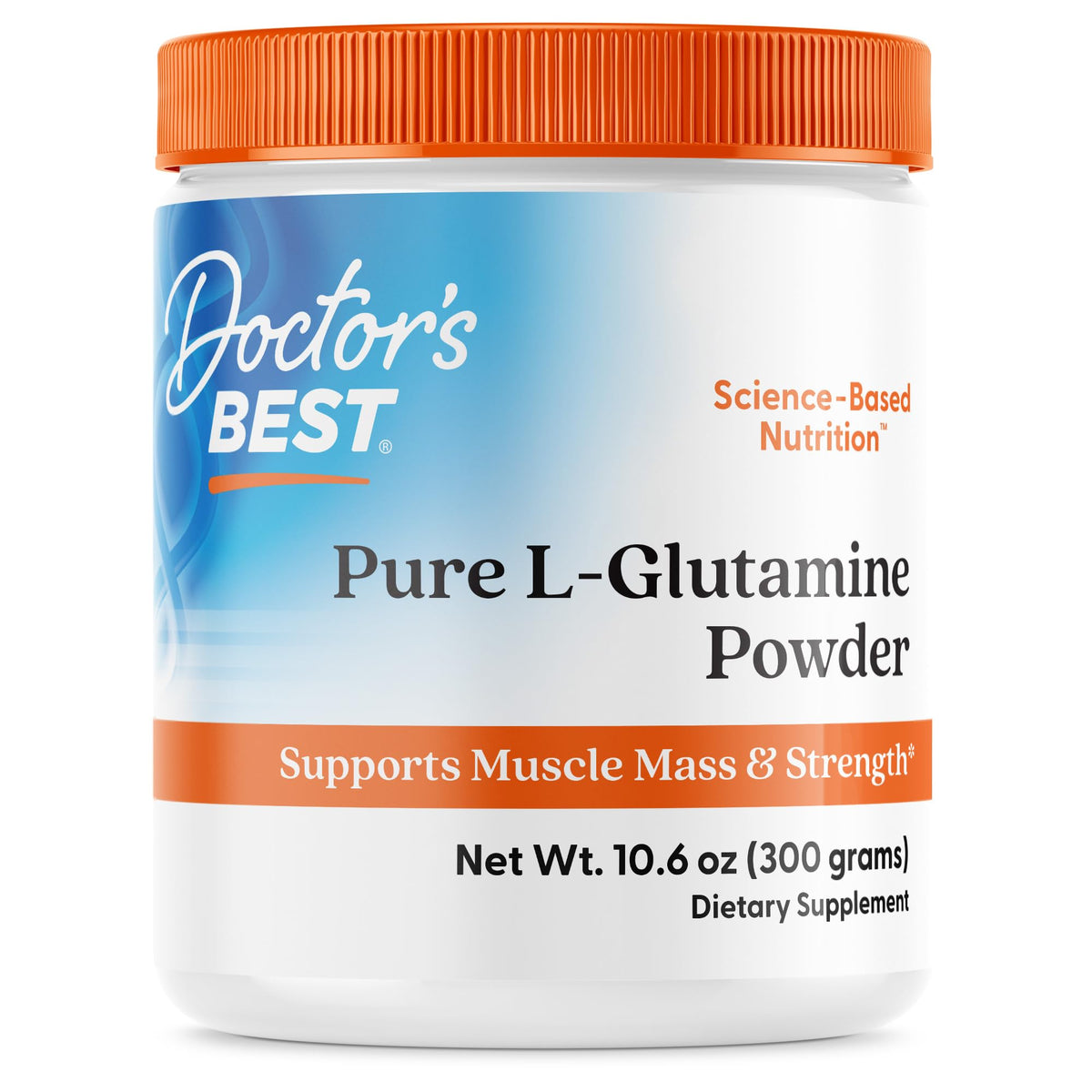 Doctor's Best Pure L-Glutamine powder tub with clean-label packaging.
