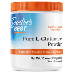 Doctor's Best Pure L-Glutamine powder tub with clean-label packaging.